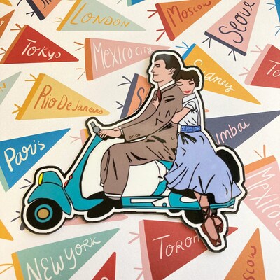 1950’s Roman Adventures on Moped Pin, Magnet, Earrings, Sticker or Necklace - image5
